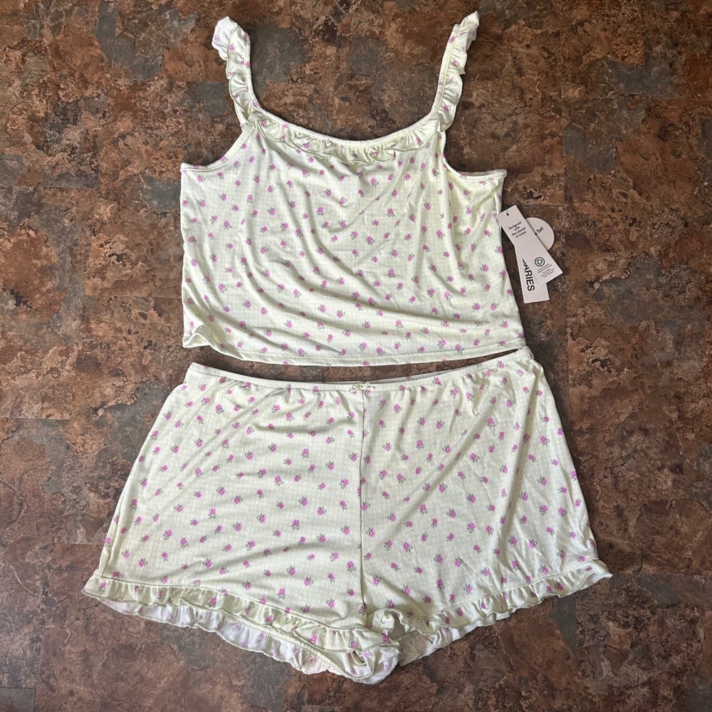 No Boundaries Ruffle Tank Short Pajama Set Womens Size Large Green Floral Pjs